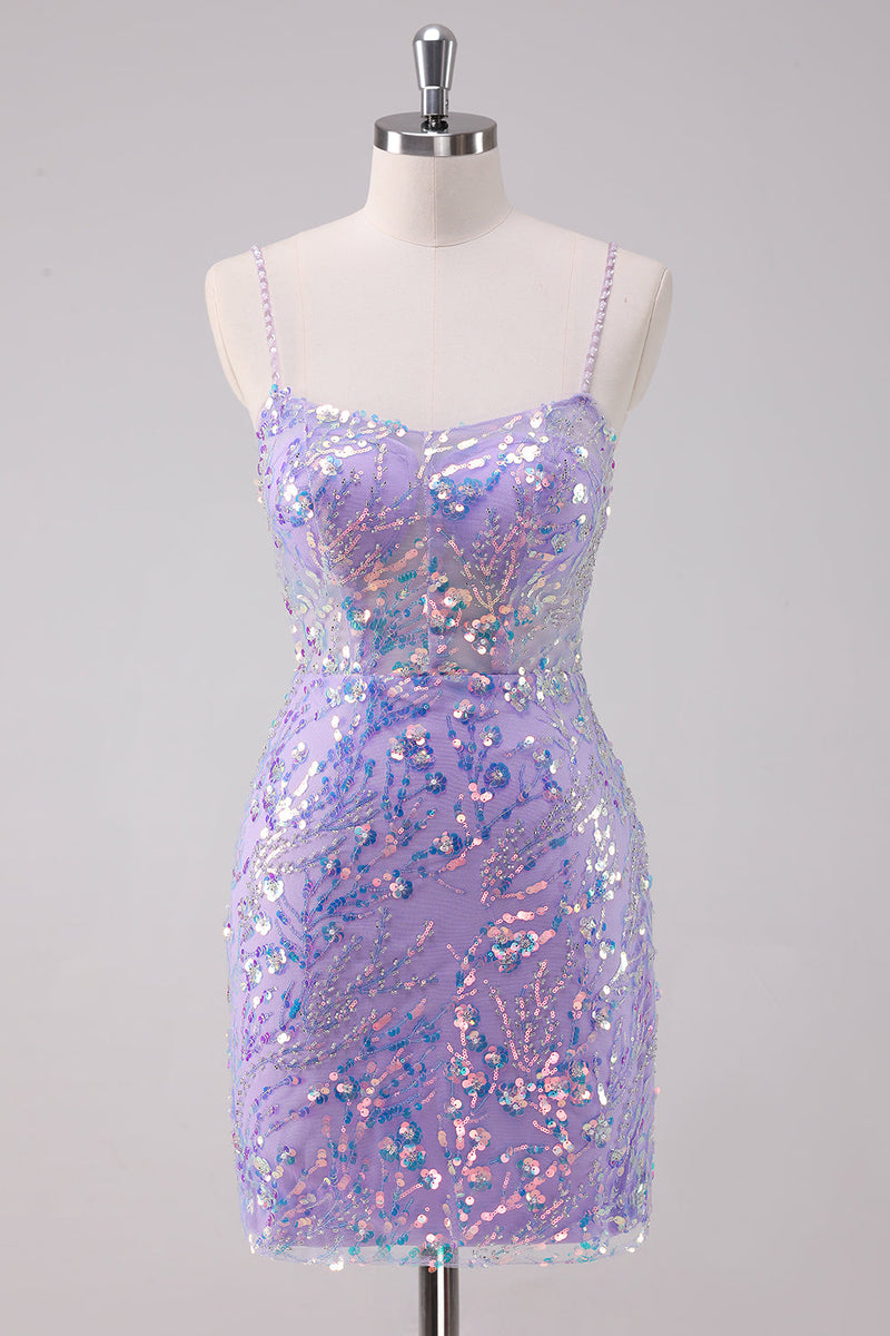 Load image into Gallery viewer, Sparkly Purple Bodycon Spaghetti Straps Sequins Short Graduation Dress