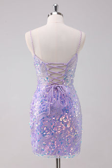 Sparkly Purple Bodycon Spaghetti Straps Sequins Short Graduation Dress