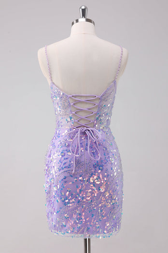 Sparkly Purple Bodycon Spaghetti Straps Sequins Short Graduation Dress