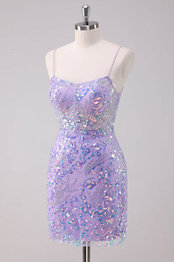 Sparkly Purple Bodycon Spaghetti Straps Sequins Short Graduation Dress