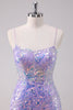 Load image into Gallery viewer, Sparkly Purple Bodycon Spaghetti Straps Sequins Short Graduation Dress