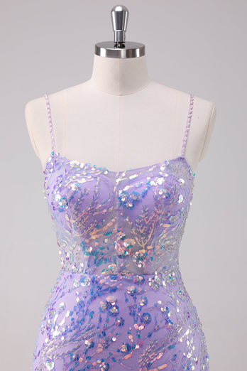 Sparkly Purple Bodycon Spaghetti Straps Sequins Short Graduation Dress