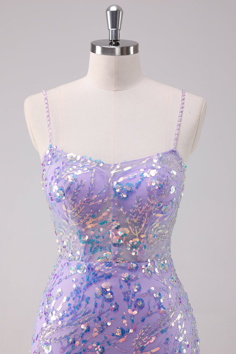 Load image into Gallery viewer, Sparkly Purple Bodycon Spaghetti Straps Sequins Short Graduation Dress