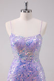 Sparkly Purple Bodycon Spaghetti Straps Sequins Short Graduation Dress