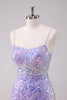 Load image into Gallery viewer, Sparkly Purple Bodycon Spaghetti Straps Sequins Short Graduation Dress