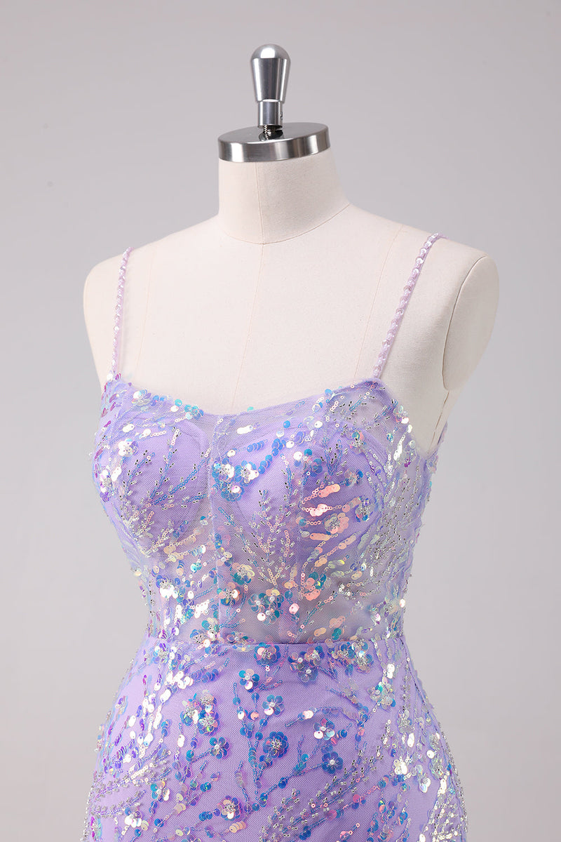 Load image into Gallery viewer, Sparkly Purple Bodycon Spaghetti Straps Sequins Short Graduation Dress