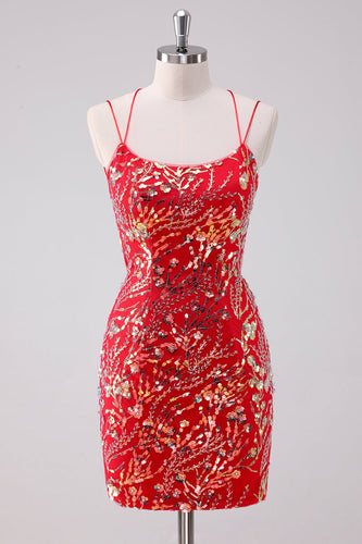 Glitter Red Spaghetti Straps Sequins Bodycon Short Graduation Dress