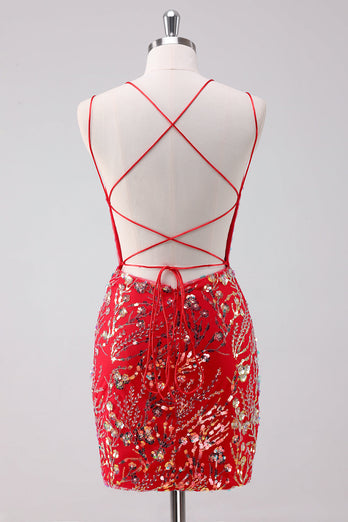 Glitter Red Spaghetti Straps Sequins Bodycon Short Graduation Dress