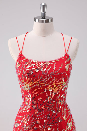 Glitter Red Spaghetti Straps Sequins Bodycon Short Graduation Dress