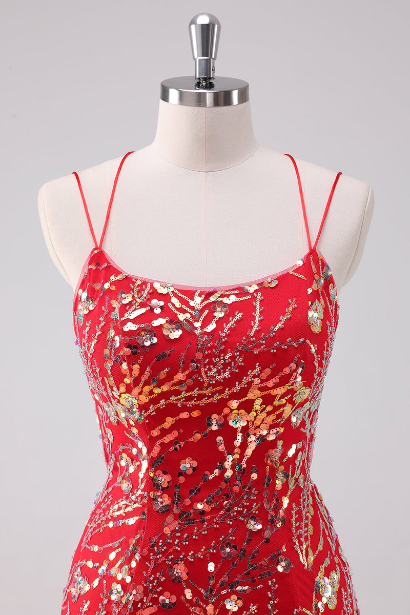 Load image into Gallery viewer, Glitter Red Spaghetti Straps Sequins Bodycon Short Graduation Dress