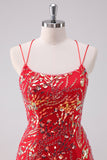 Glitter Red Spaghetti Straps Sequins Bodycon Short Graduation Dress