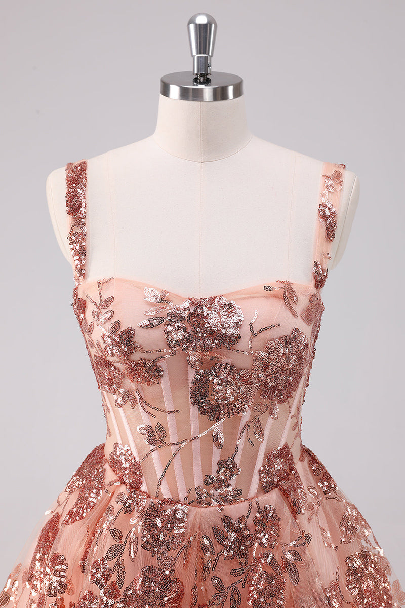 Load image into Gallery viewer, Glitter Blush A Line Spaghetti Straps Sequins Tulle Corset Graduation Dress