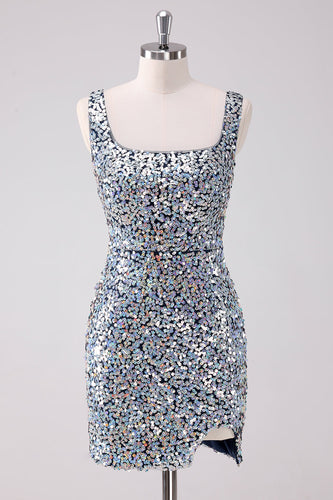 Sparkly Silver Square Neck Tight Graduation Dress with Slit