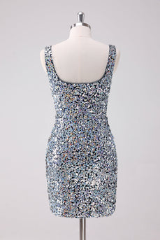 Sparkly Silver Square Neck Tight Graduation Dress with Slit