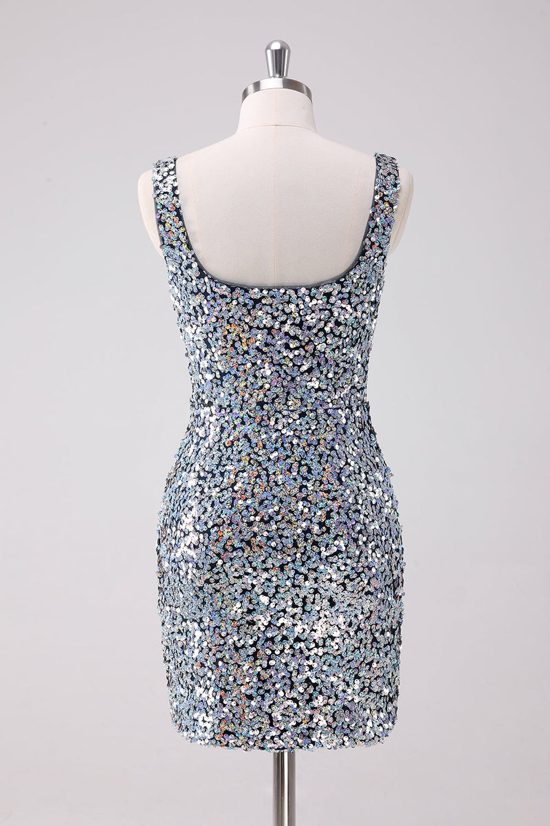 Load image into Gallery viewer, Sparkly Silver Square Neck Tight Graduation Dress with Slit