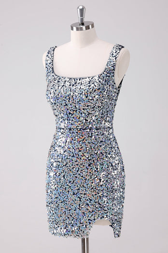 Sparkly Silver Square Neck Tight Graduation Dress with Slit