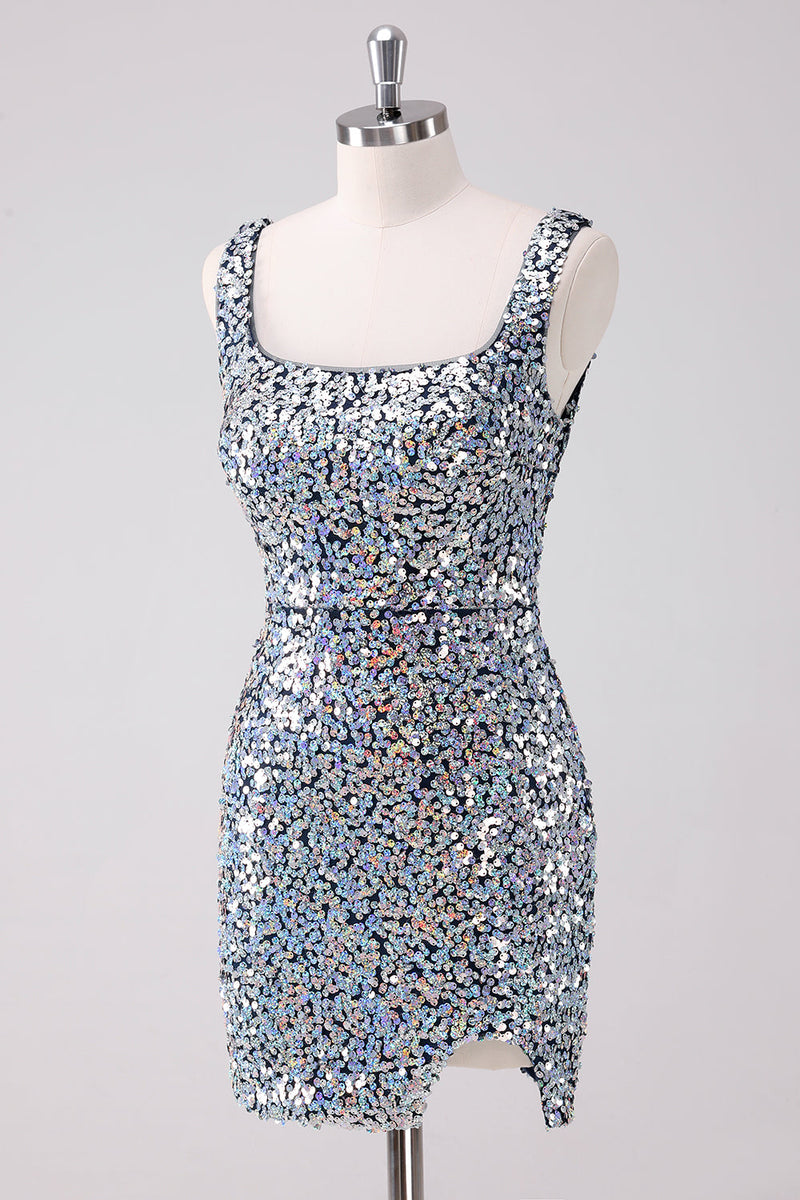 Load image into Gallery viewer, Sparkly Silver Square Neck Tight Graduation Dress with Slit