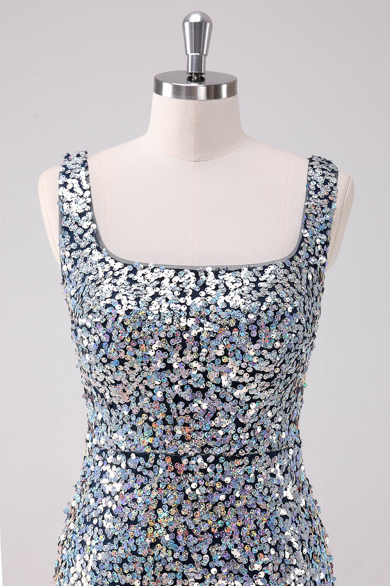 Load image into Gallery viewer, Sparkly Silver Square Neck Tight Graduation Dress with Slit