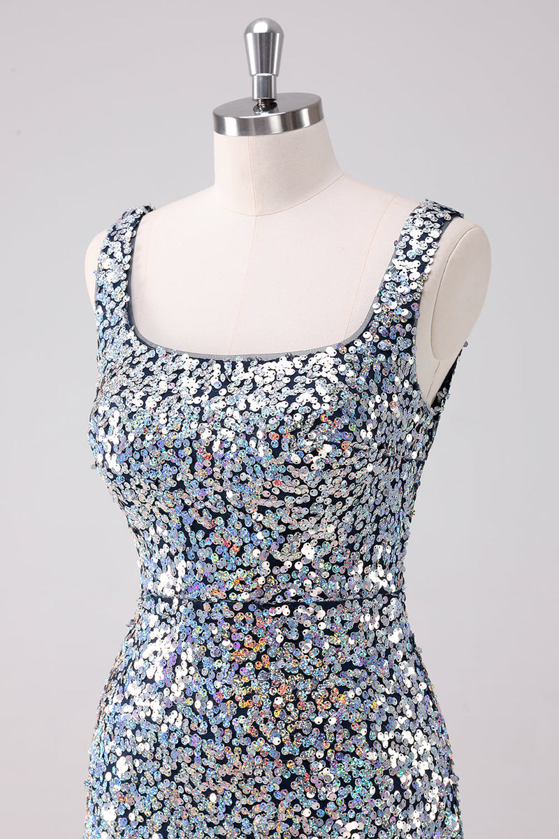 Load image into Gallery viewer, Sparkly Silver Square Neck Tight Graduation Dress with Slit