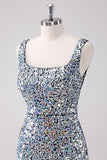 Sparkly Silver Square Neck Tight Graduation Dress with Slit