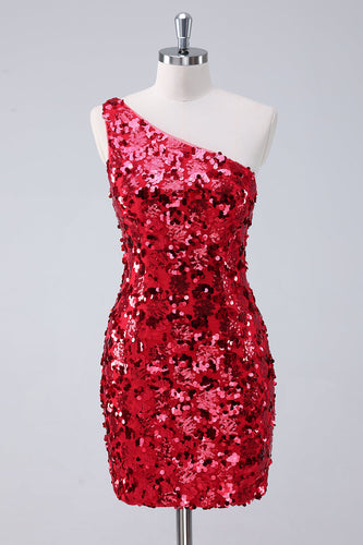 Sparkly Red One Shoulder Tight Short Graduation Dress with Sequins