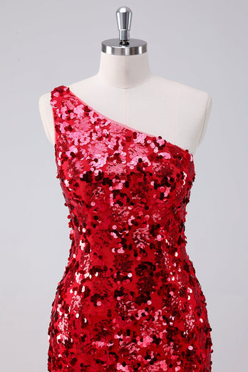 Sparkly Red One Shoulder Tight Short Graduation Dress with Sequins