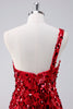 Load image into Gallery viewer, Sparkly Red One Shoulder Tight Short Graduation Dress with Sequins