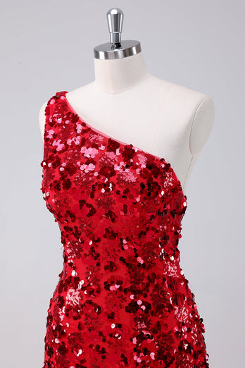 Sparkly Red One Shoulder Tight Short Graduation Dress with Sequins