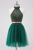 Load image into Gallery viewer, Sparkly A Line Dark Green Halter Short Graduation Dress with Sequins