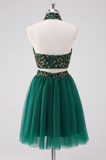 Sparkly A Line Dark Green Halter Short Graduation Dress with Sequins