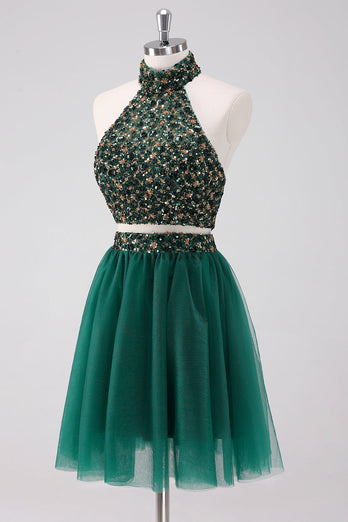 Sparkly A Line Dark Green Halter Short Graduation Dress with Sequins