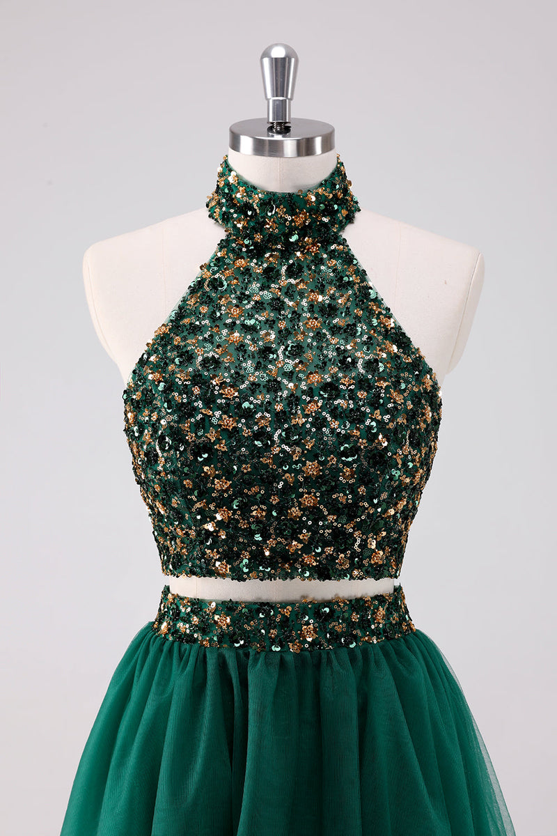 Load image into Gallery viewer, Sparkly A Line Dark Green Halter Short Graduation Dress with Sequins