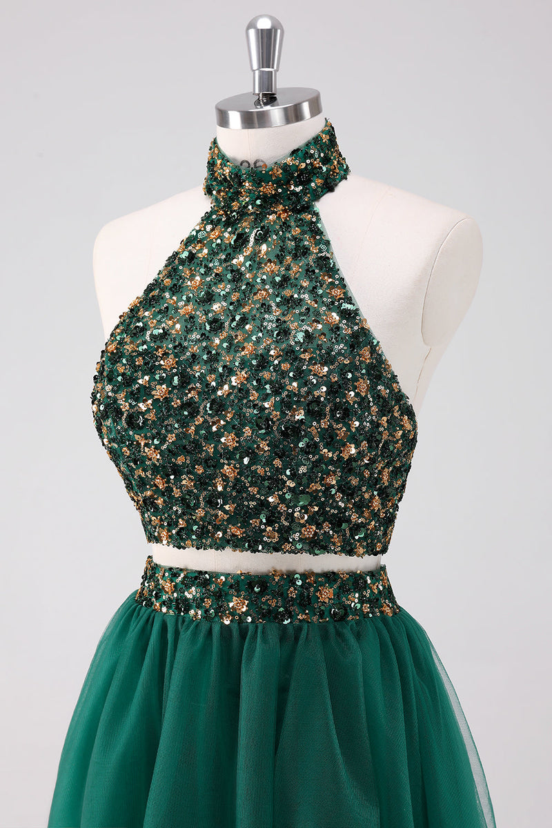 Load image into Gallery viewer, Sparkly A Line Dark Green Halter Short Graduation Dress with Sequins