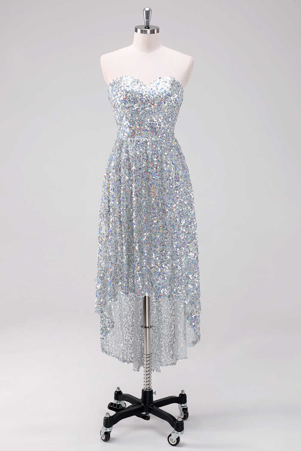 Sparkly Silver Sweetheart Asymmetric Graduation Dress with Sequins