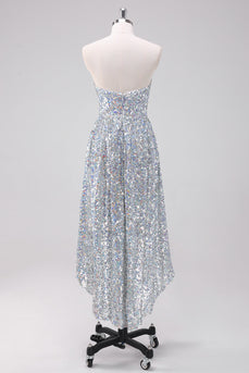 Sparkly Silver Sweetheart Asymmetric Graduation Dress with Sequins