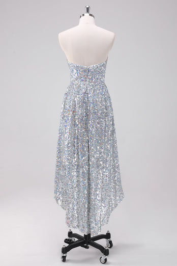 Sparkly Silver Sweetheart Asymmetric Graduation Dress with Sequins