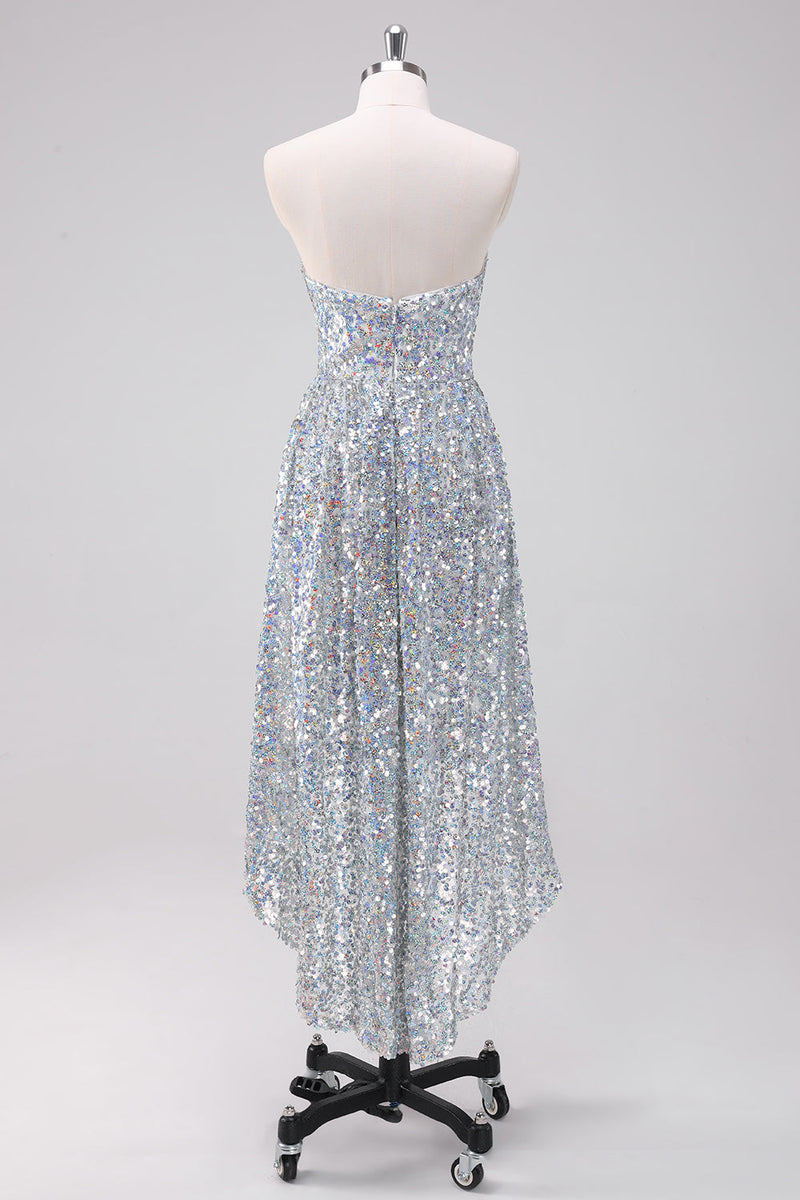 Load image into Gallery viewer, Sparkly Silver Sweetheart Asymmetric Graduation Dress with Sequins