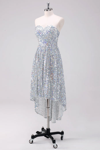 Sparkly Silver Sweetheart Asymmetric Graduation Dress with Sequins