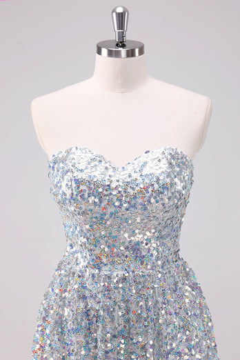 Sparkly Silver Sweetheart Asymmetric Graduation Dress with Sequins