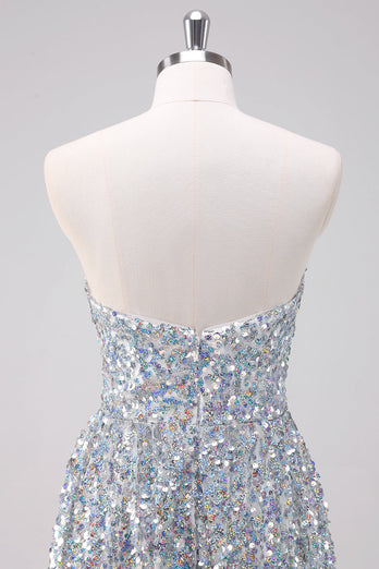 Sparkly Silver Sweetheart Asymmetric Graduation Dress with Sequins