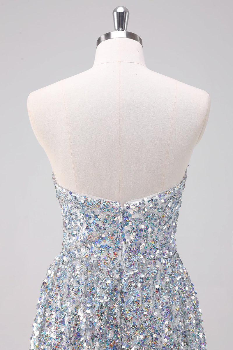 Load image into Gallery viewer, Sparkly Silver Sweetheart Asymmetric Graduation Dress with Sequins