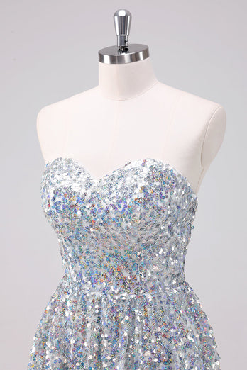 Sparkly Silver Sweetheart Asymmetric Graduation Dress with Sequins