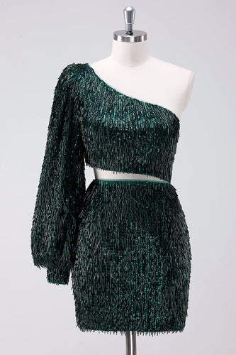 Sparkly Dark Green One Shoulder Tight Short Graduation Dress with Tassels