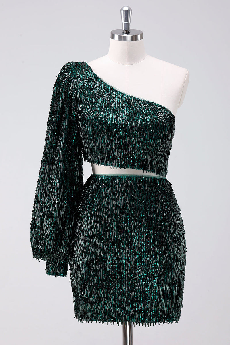 Load image into Gallery viewer, Sparkly Dark Green One Shoulder Tight Short Graduation Dress with Tassels