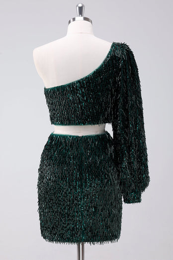 Sparkly Dark Green One Shoulder Tight Short Graduation Dress with Tassels