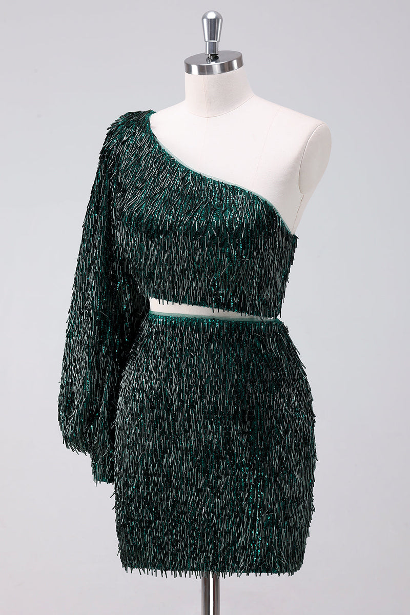 Load image into Gallery viewer, Sparkly Dark Green One Shoulder Tight Short Graduation Dress with Tassels