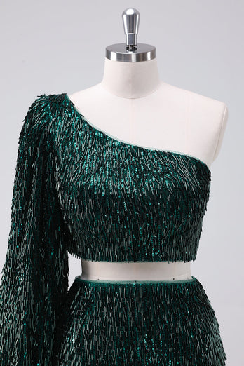 Sparkly Dark Green One Shoulder Tight Short Graduation Dress with Tassels