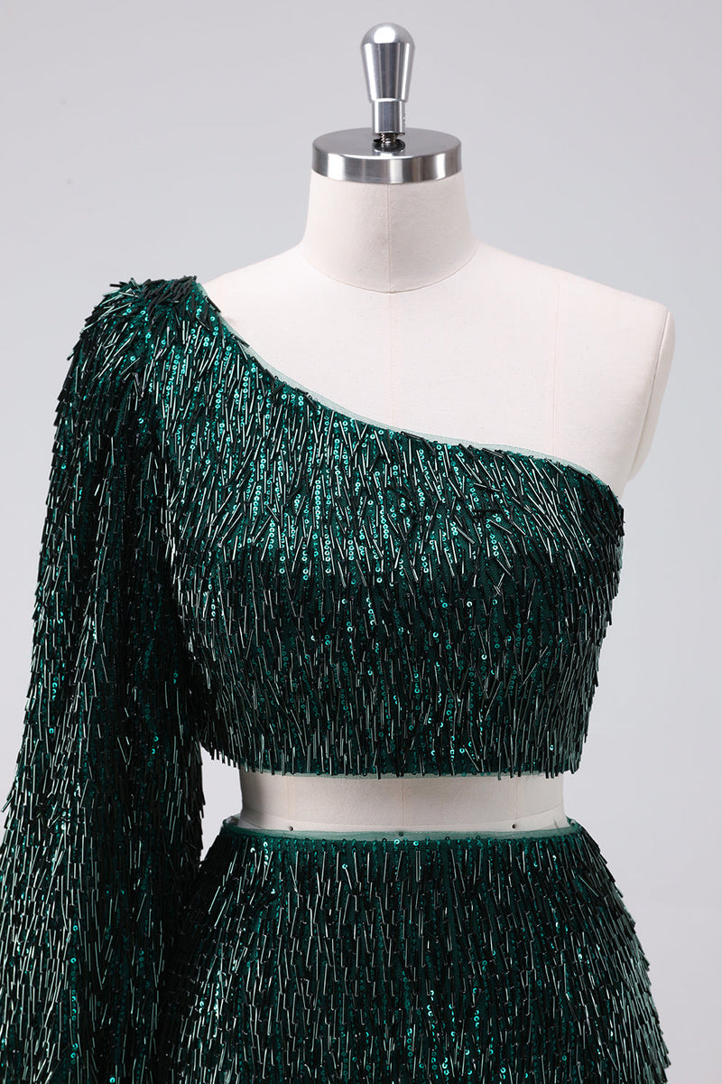 Load image into Gallery viewer, Sparkly Dark Green One Shoulder Tight Short Graduation Dress with Tassels