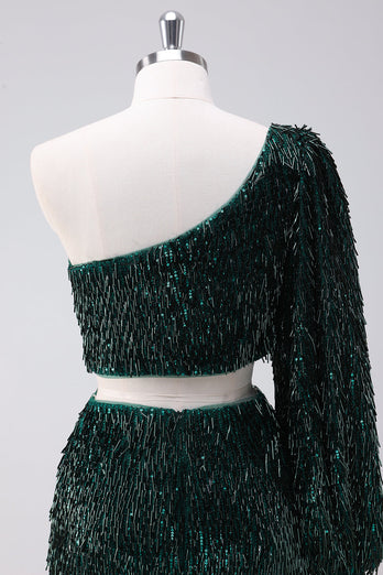 Sparkly Dark Green One Shoulder Tight Short Graduation Dress with Tassels