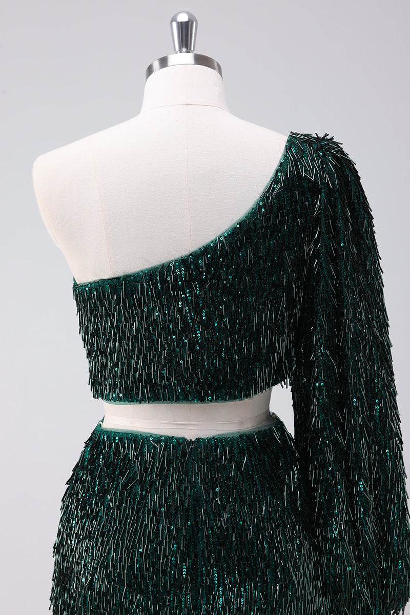 Load image into Gallery viewer, Sparkly Dark Green One Shoulder Tight Short Graduation Dress with Tassels